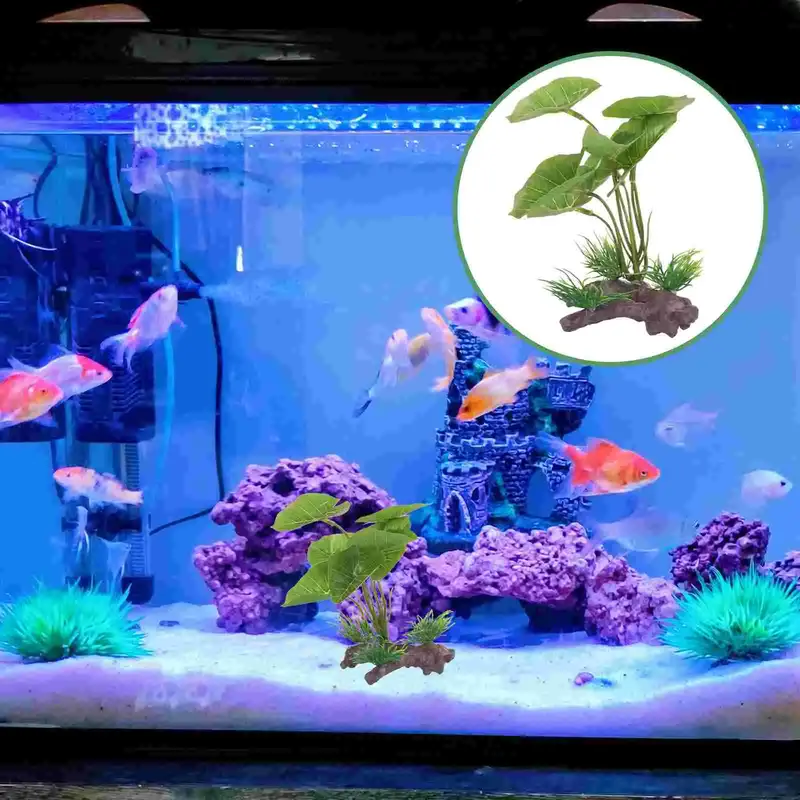 Ornement Plante artificielle réaliste pour aquarium, feuilles vertes et base imitation bois en plastique.