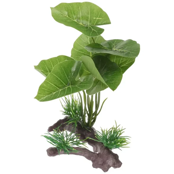 Plante artificielle réaliste pour aquarium, feuilles vertes et base imitation en bois et plastique.