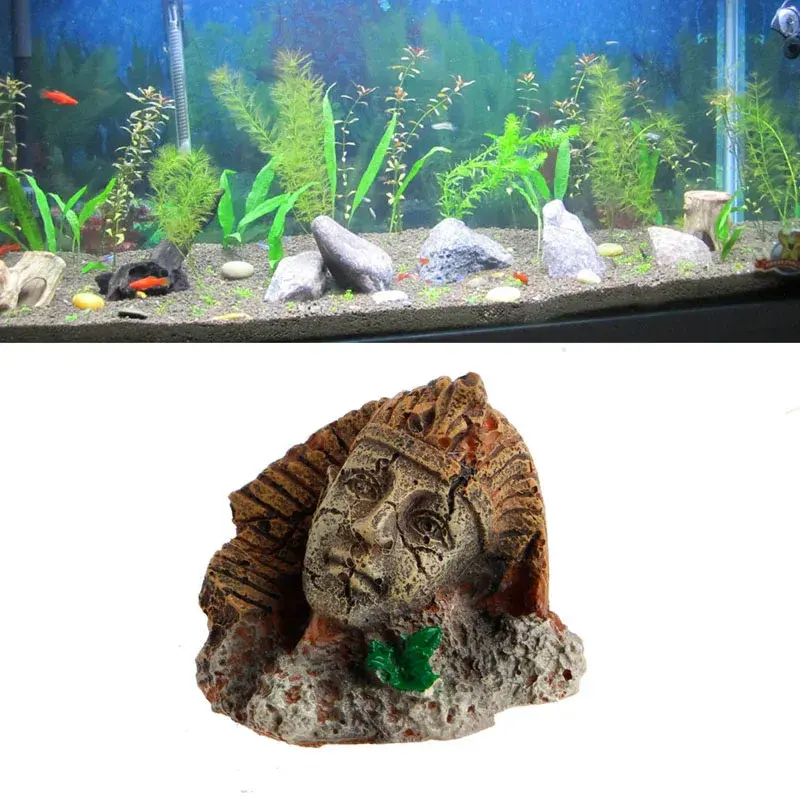 Décoration pour aquarium Pharaon égyptien, statue ruine en résine vieillie, couleurs ocre gris, feuilles vertes