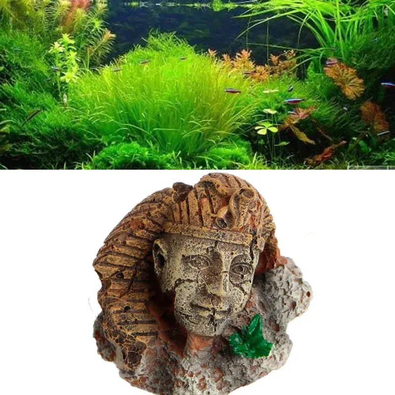 Ornement aquarium Pharaon égyptien, statue ruine en résine vieillie, couleurs ocre gris, feuilles vertes