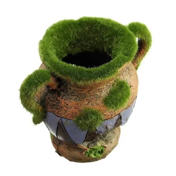 Ornement aquarium résine vase antique brisé mousse verte