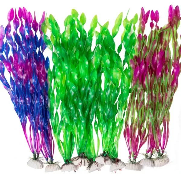 Lot de 10 algues artificielles vertes de 35cm en PVC pour aquarium, bases céramique.