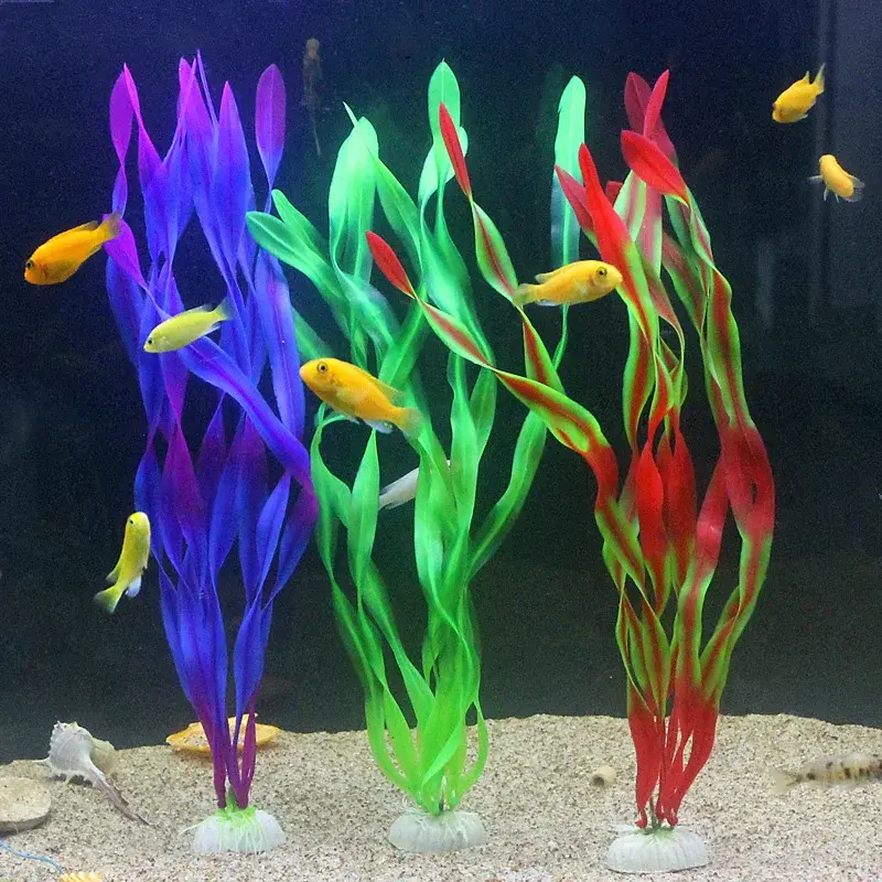Ornement 10 algues artificielles vertes de 35cm en PVC pour aquarium, bases céramique