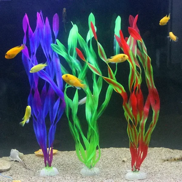 10 algues artificielles vertes de 35cm en PVC pour aquarium, bases céramique.