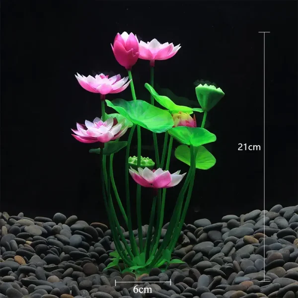 Décor aquarium plantes artificielles vertes, rouges, fluo; formes variées, sur gravier