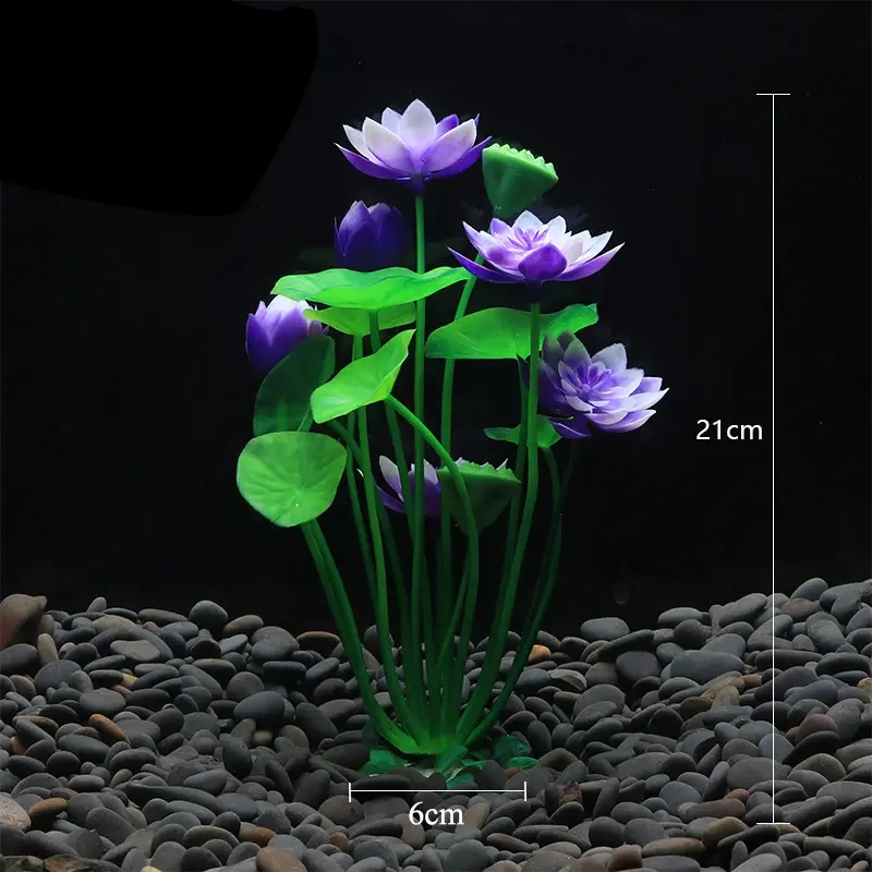 Déco aquarium plantes artificielles vertes, rouges, fluo; formes variées, sur gravier.