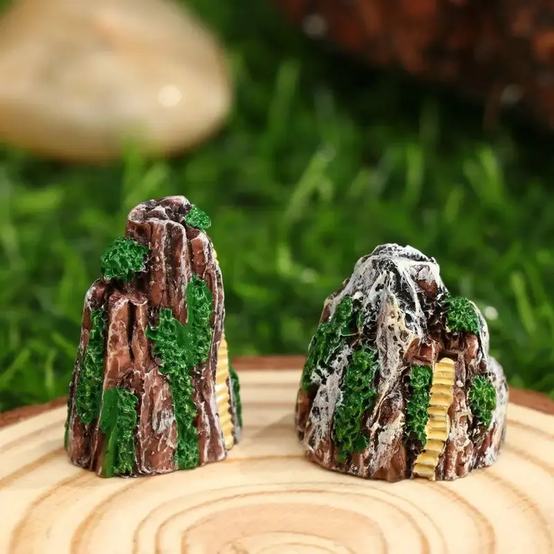 Lot 2 rochers miniatures avec résine, brun, vert et blanc, escaliers, pour aquarium/terrarium