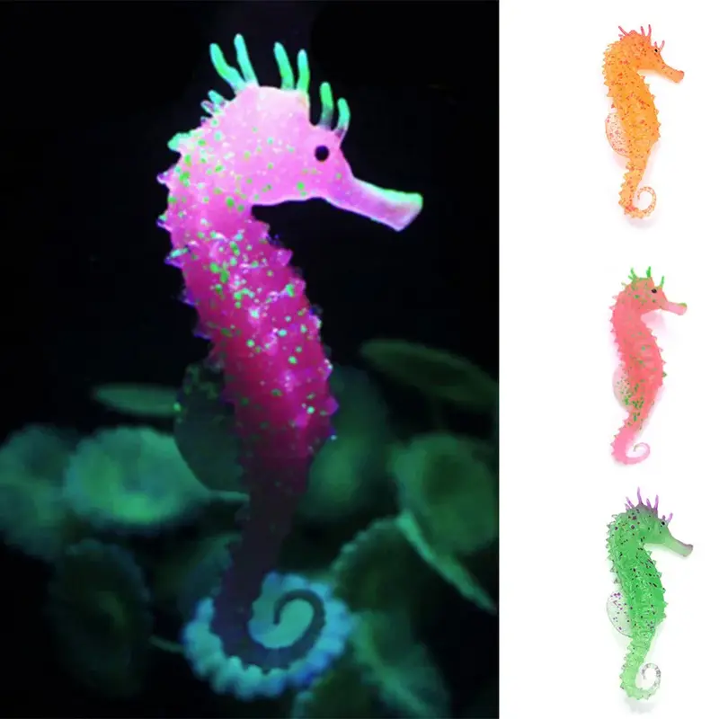 Lot 3 hippocampes en silicone fluorescents aquarium, rose, orange, vert.