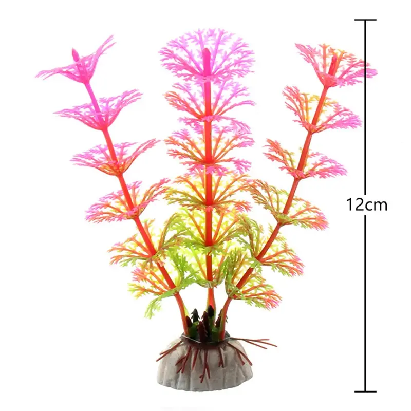 Plante artificielle aquarium couleurs fluo rose et aussi vert, base LDPE sur gravier.