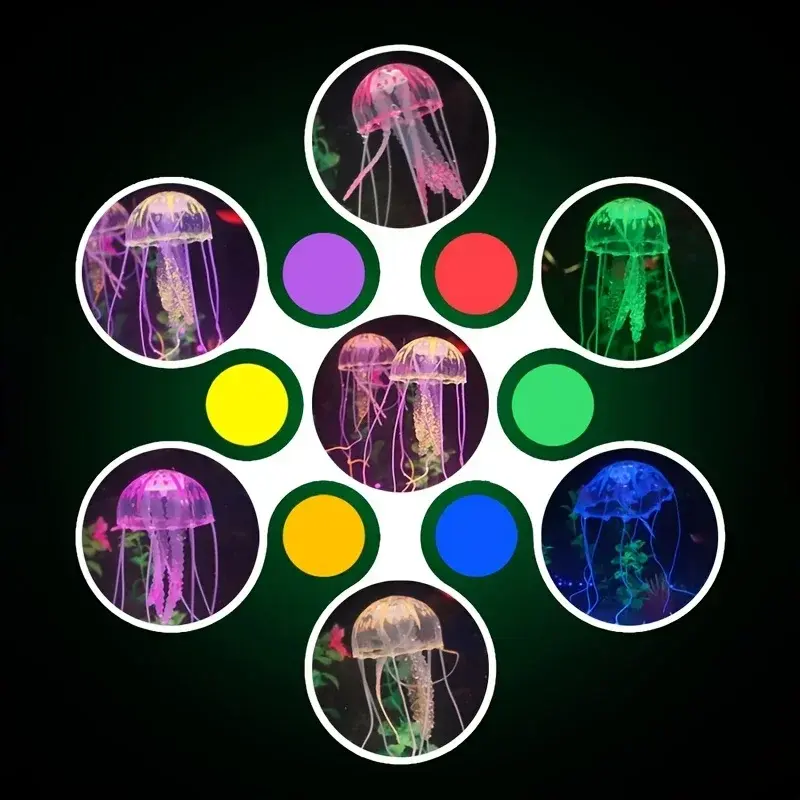 méduses artificielles fluorescentes en silicone pour aquarium de couleurs vives.