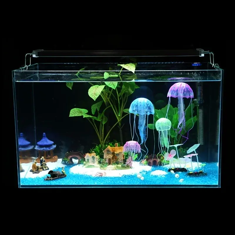 Lot de 6 méduses fluorescentes en silicone pour aquarium de couleurs vives.