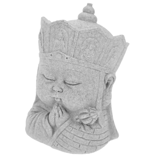 Statue Bouddha Zen grise pierre à sable, coiffe élaborée, pose sereine