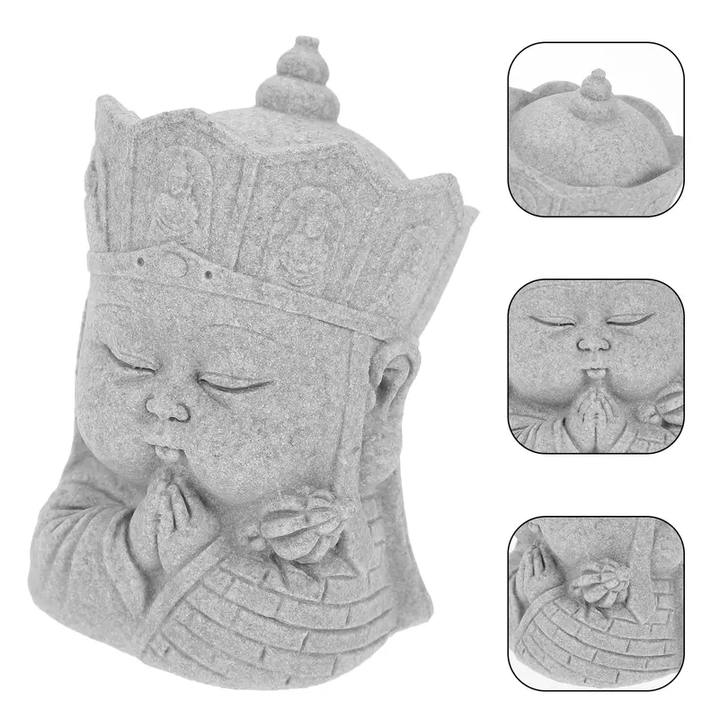Déco Statue Bouddha Zen grise pierre à sable, coiffe élaborée, pose sereine, profil.