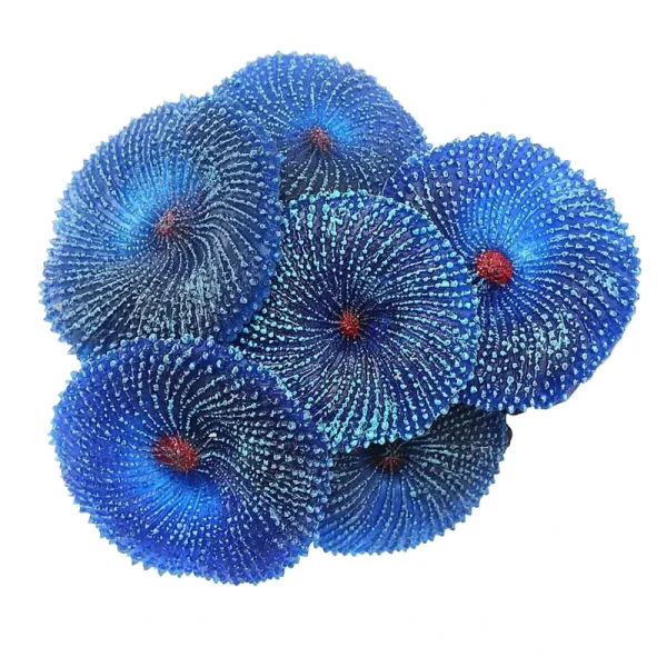 Ornement corail artificiel bleu en PVC résine pour aquarium, motif spirale détaillée.