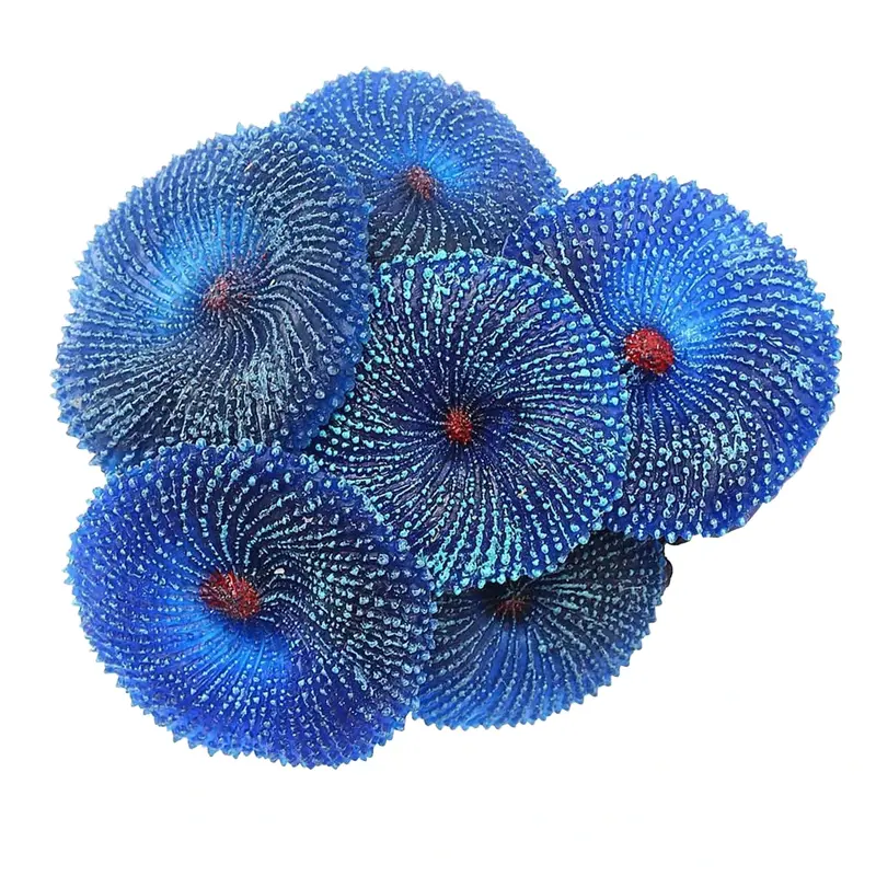 Ornement corail artificiel bleu en PVC résine pour aquarium, motif spirale détaillée.