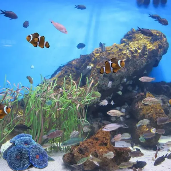Déco corail artificiel bleu en PVC résine pour aquarium, motif spirale détaillée.