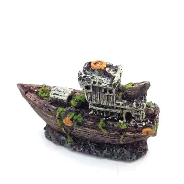 Décoration aquarium épave bateau résine aspect bois vieilli 7cm