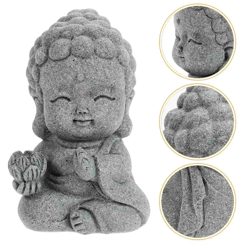 Statue Bouddha enfant en gris et résine, méditant, tenant fleur de lotus.