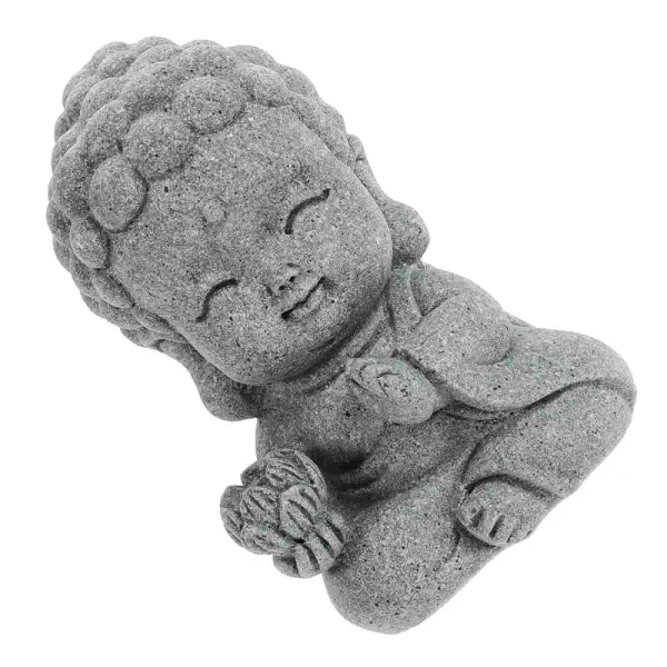 Statue Bouddha enfant gris résine, méditant, tenant fleur de lotus
