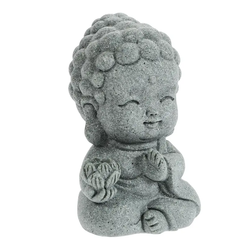 Déco Statue Bouddha enfant gris résine, méditant, tenant fleur de lotus.