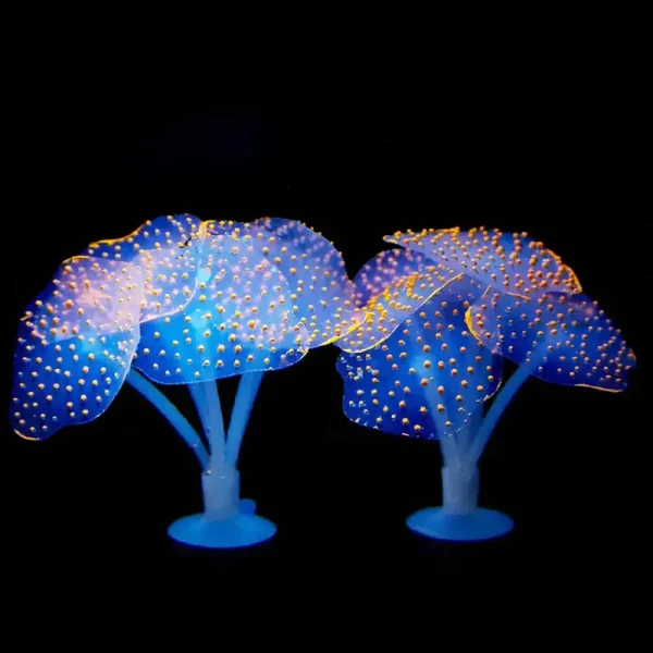 Deco silicone aquatique lumineuse anémone bleue jaune 10cm aquarium terrarium ventouse