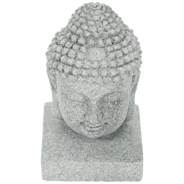 Statue Bouddha grise en poudre de Bluestone, aspect granit texturé, vue 3/4.