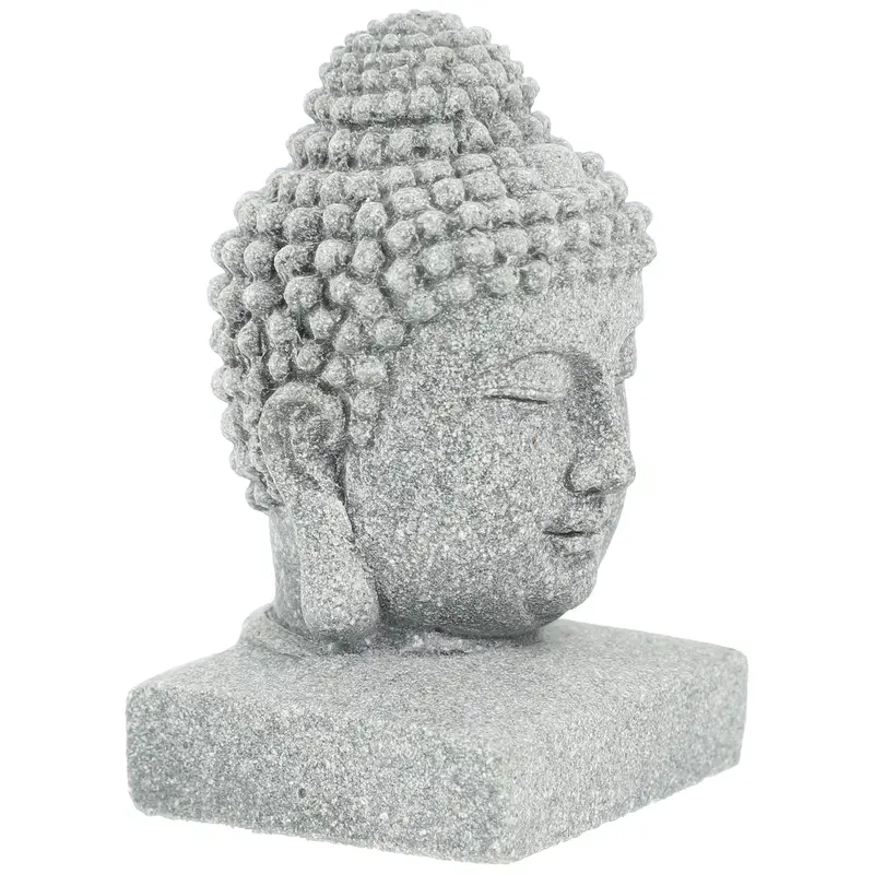 Déco Statue Bouddha grise en poudre de Bluestone, aspect granit texturé, vue 3/4.