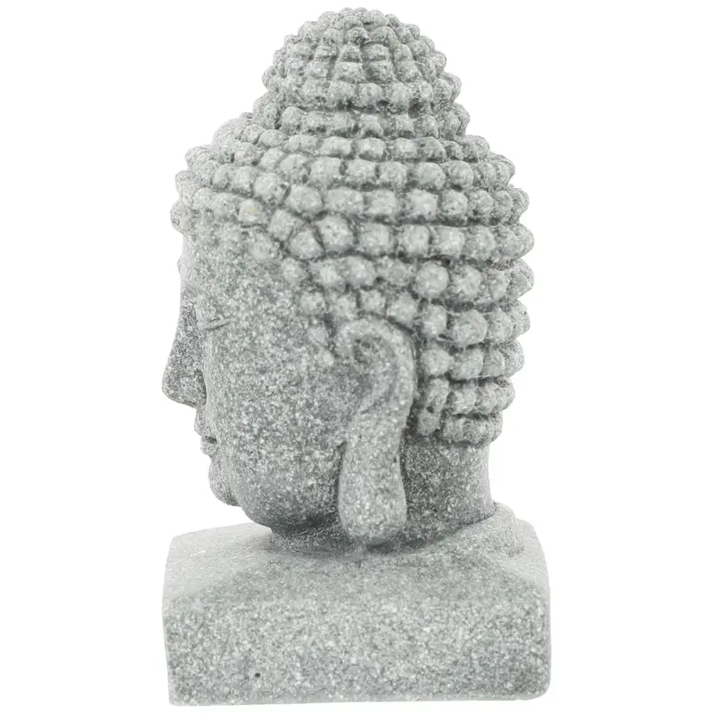 Statue Visage de Bouddha grise en poudre de Bluestone, aspect granit texturé, vue 3/4.